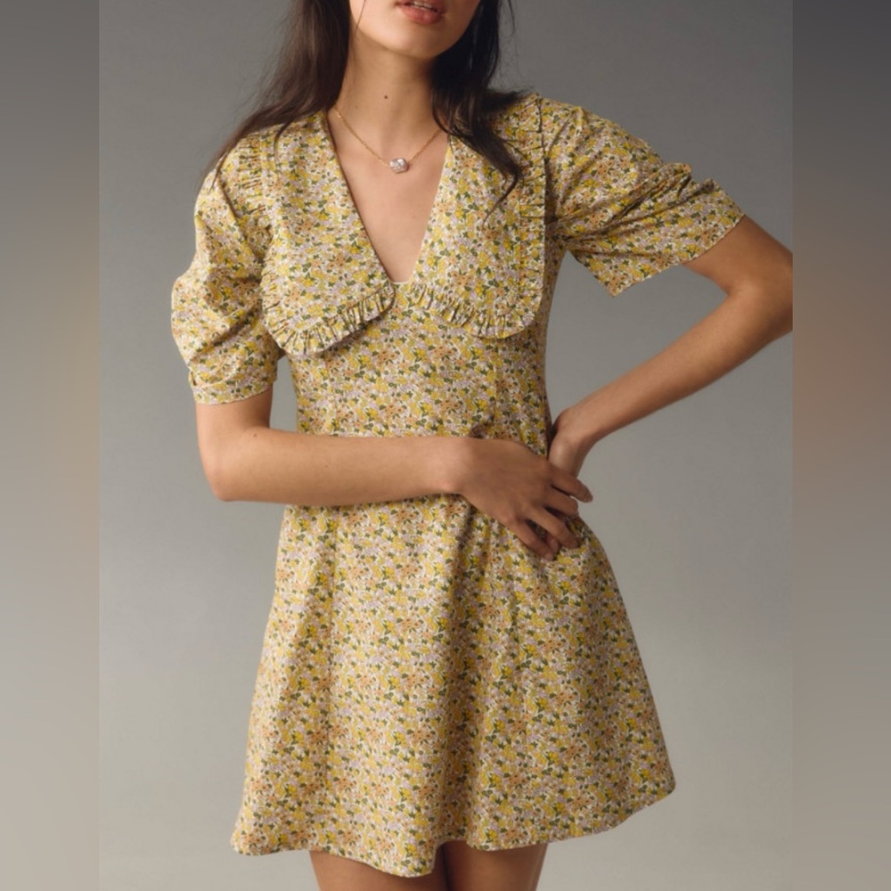 Anthropologie Short-Sleeve Collared Printed Mini Dress 12 May fit a 10